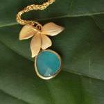 Gold Plated Floral Necklace With Ocean Blue..