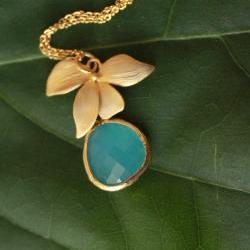 Gold Plated Floral Necklace with Ocean Blue Pendant, Wild Orchids